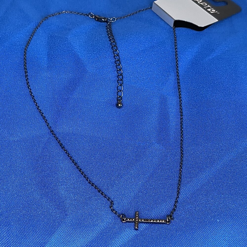Two-Layer Round Sideways Cross Dainty Necklace Gunmetal Marcasite 18" Minimalist